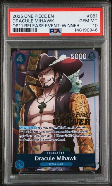 PSA GEM MT 10 - 2025 ONE PIECE PROMOS #081 DRACULE MIHAWK OP11 RELEASE EVENT-WINNER - PokéBox Australia
