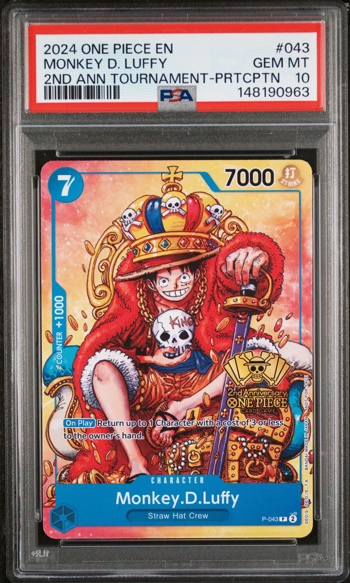 PSA GEM MT 10 - 2024 ONE PIECE PROMOS #043 MONKEY D. LUFFY 2ND ANN TOURNAMENT-PRTCPTN