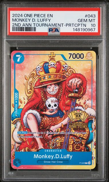 PSA GEM MT 10 - 2024 ONE PIECE PROMOS #043 MONKEY D. LUFFY 2ND ANN TOURNAMENT-PRTCPTN - PokéBox Australia