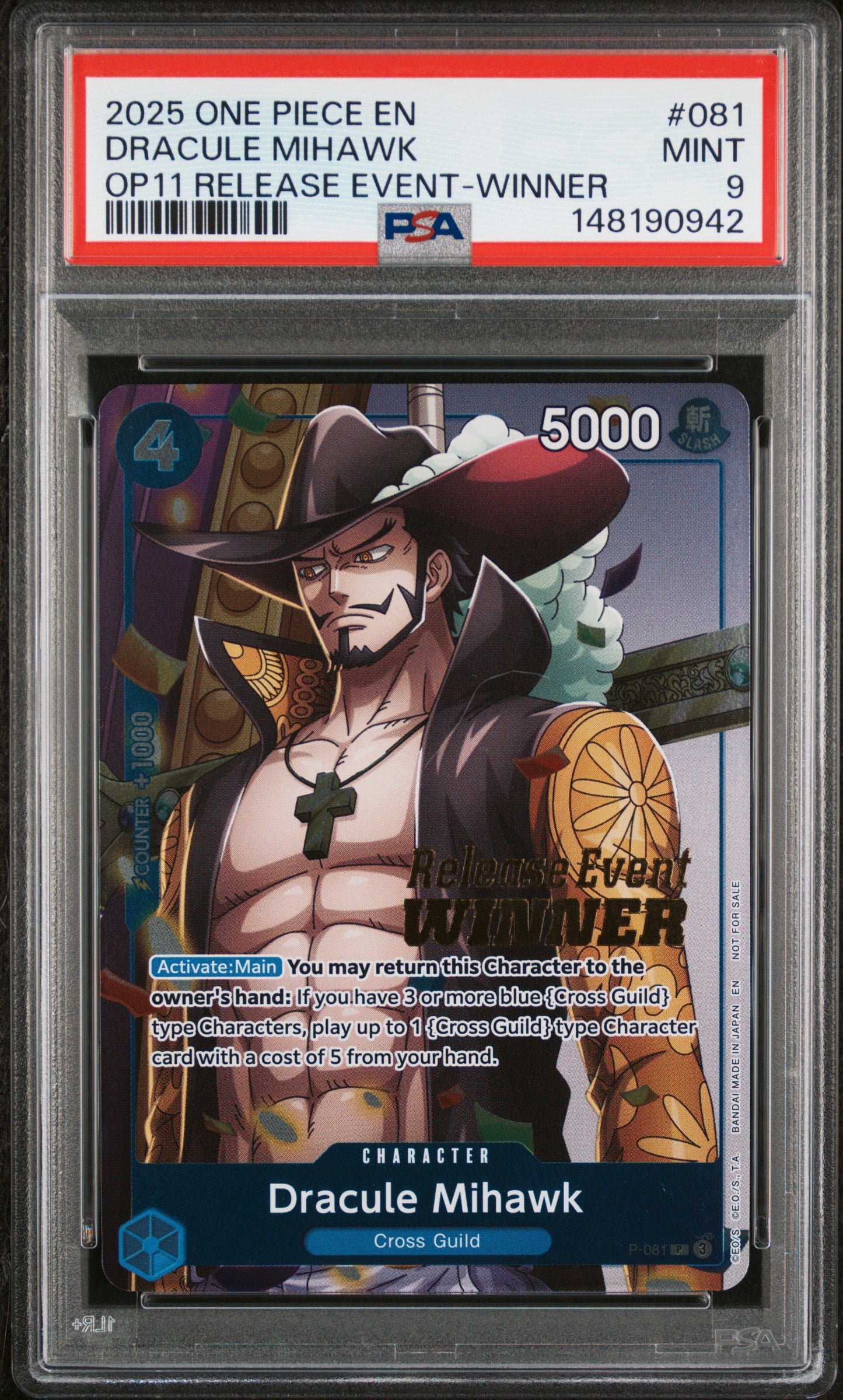 PSA MINT 9 - 2025 ONE PIECE PROMOS #081 DRACULE MIHAWK OP11 RELEASE EVENT-WINNER - PokéBox Australia