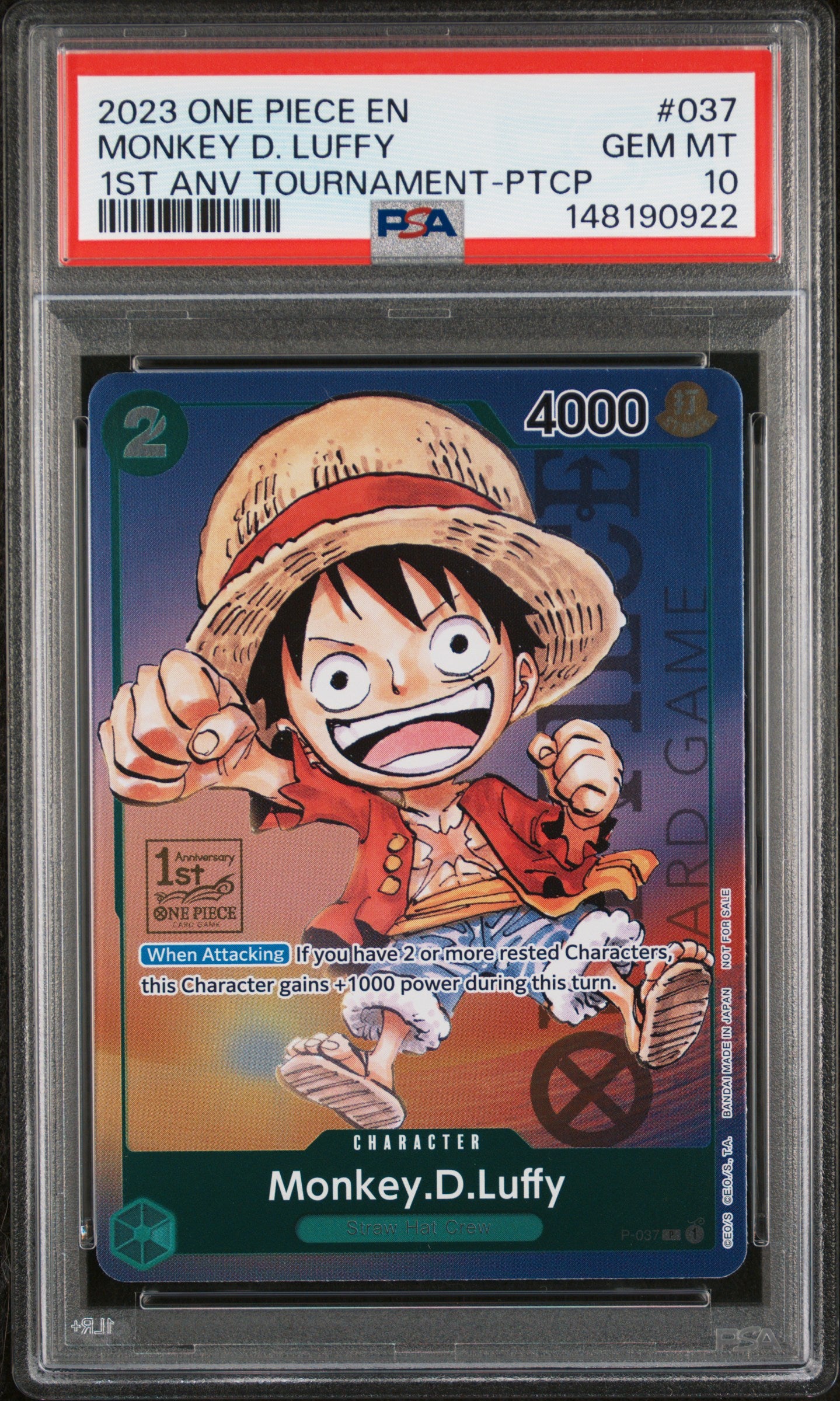 PSA GEM MT 10 - 2023 ONE PIECE PROMOS #037 MONKEY D. LUFFY 1ST ANV TOURNAMENT-PTCP - PokéBox Australia