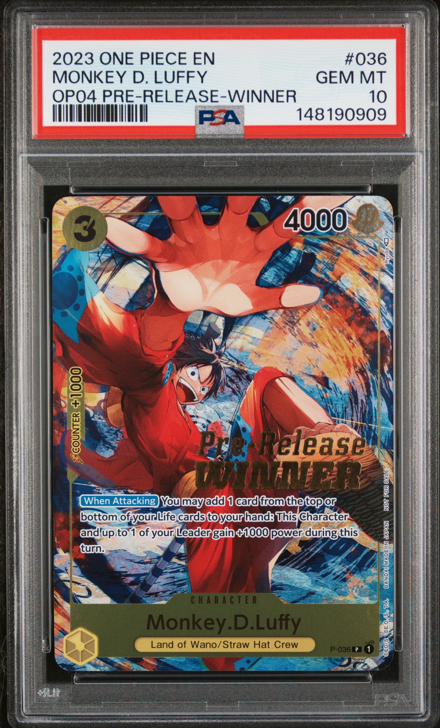 PSA GEM MT 10 - 2023 ONE PIECE PROMOS #036 MONKEY D. LUFFY OP04 PRE-RELEASE-WINNER - PokéBox Australia