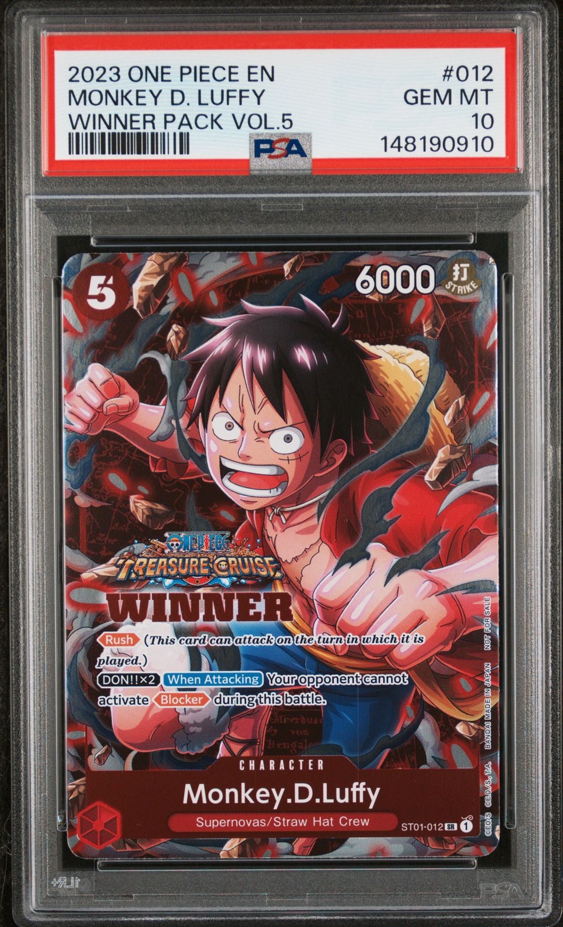 PSA GEM MT 10 - 2023 ONE PIECE PROMOS #012 MONKEY D. LUFFY WINNER PACK VOL.5