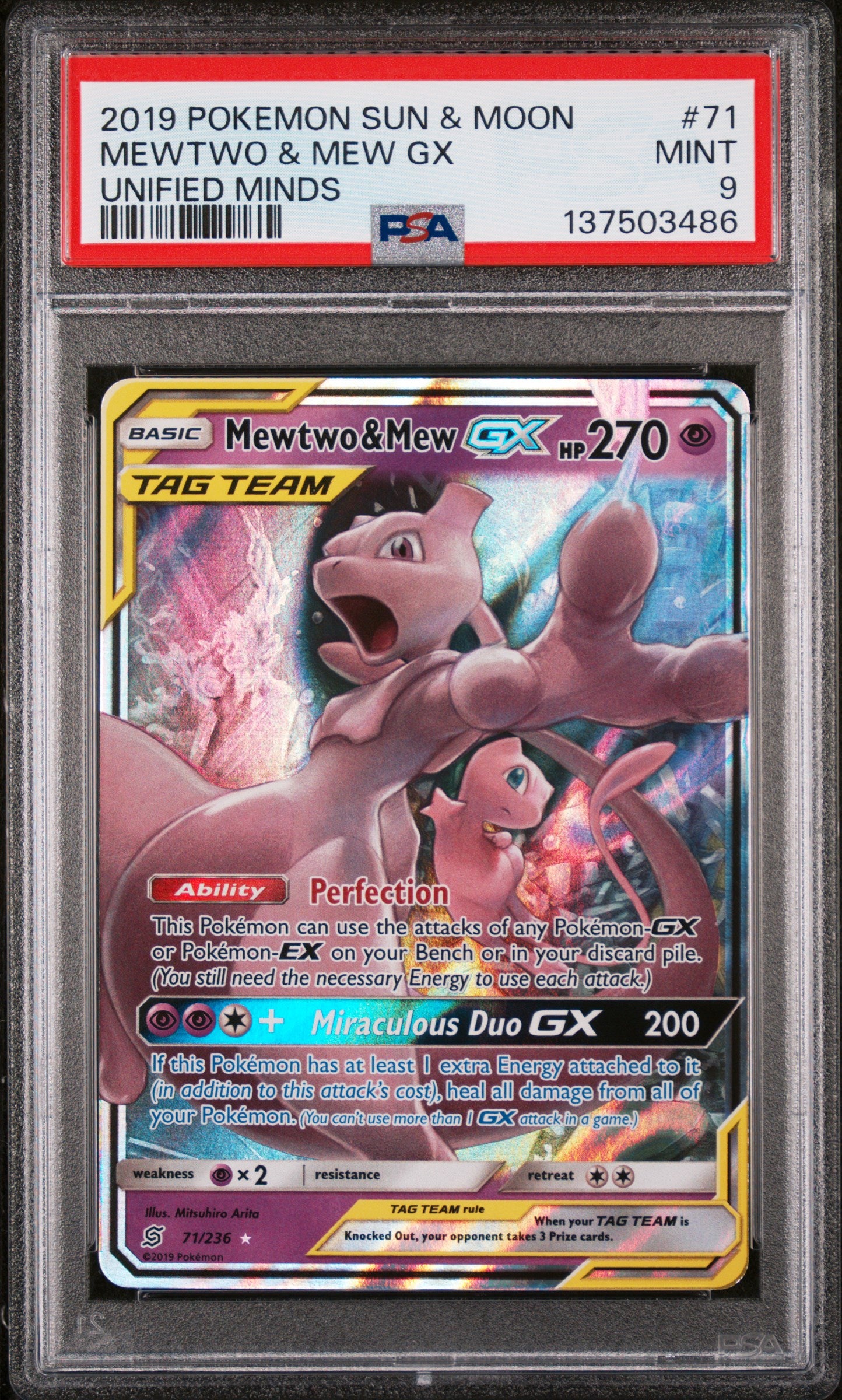 PSA MINT 9 - 2019 POKEMON SUN & MOON UNIFIED MINDS #71 MEWTWO & MEW GX UNIFIED MINDS - PokéBox Australia