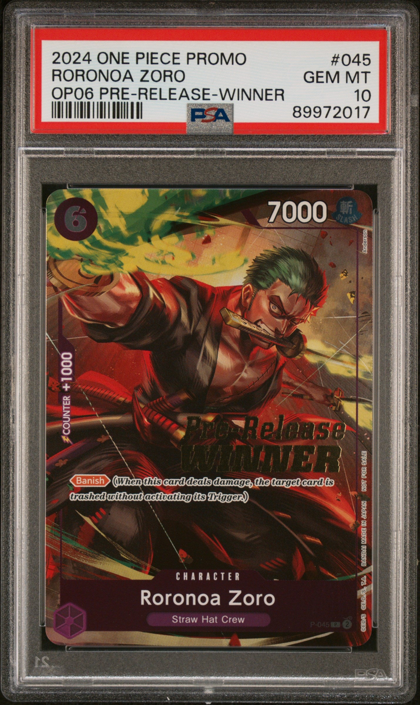 PSA GEM MT 10 - 2024 ONE PIECE PROMOS #045 RORONOA ZORO OP06 PRE-RELEASE-WINNER - PokéBox Australia