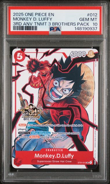 PSA GEM MT 10 - 2025 ONE PIECE 3RD ANNIVERSARY TOURNAMENT 3 BROTHERS PACK #012 MONKEY D. LUFFY - PokéBox Australia