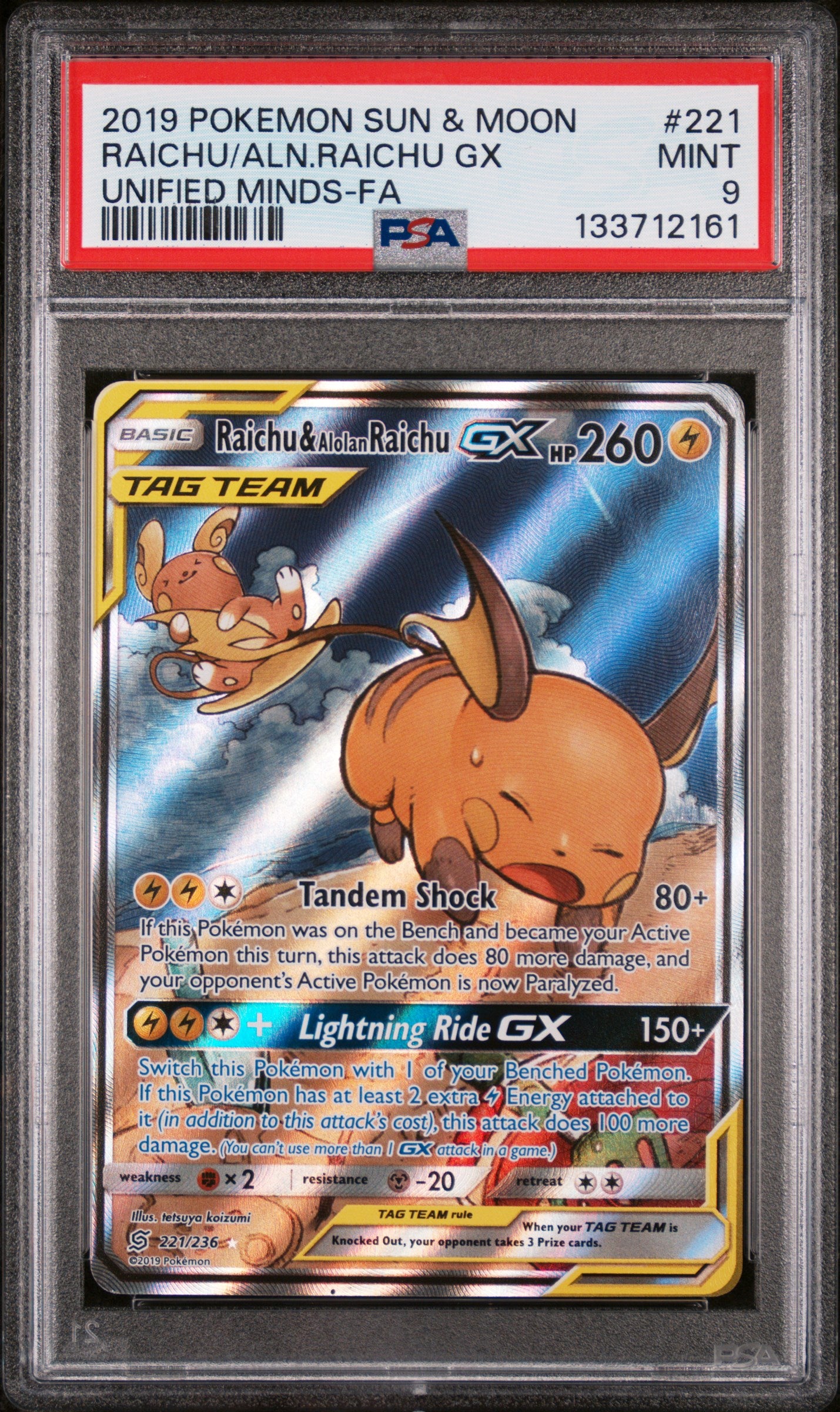 PSA MINT 9 - RAICHU/ALN.RAICHU GX UNIFIED MINDS-FA 2019 POKEMON SUN & MOON UNIFIED MINDS - PokéBox Australia