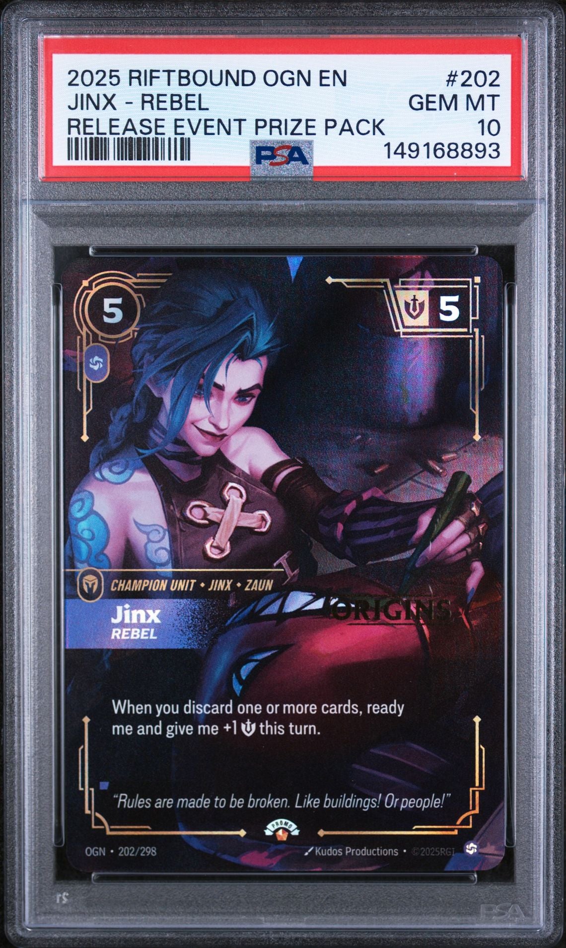 PSA GEM MT 10 - 2025 RIFTBOUND: LEAGUE OF LEGENDS OGN-ORIGINS #202 JINX - REBEL RELEASE EVENT PRIZE PACK