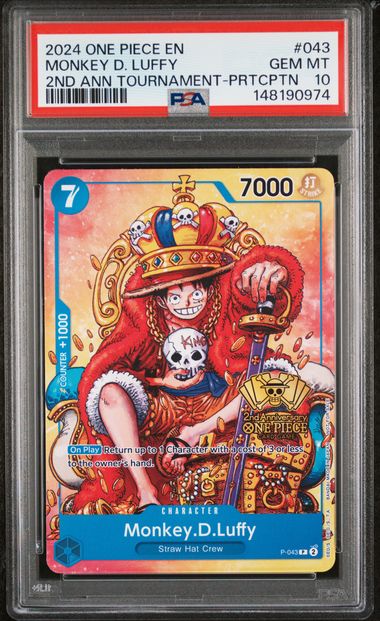 PSA GEM MT 10 - 2024 ONE PIECE PROMOS #043 MONKEY D. LUFFY 2ND ANN TOURNAMENT-PRTCPTN - PokéBox Australia