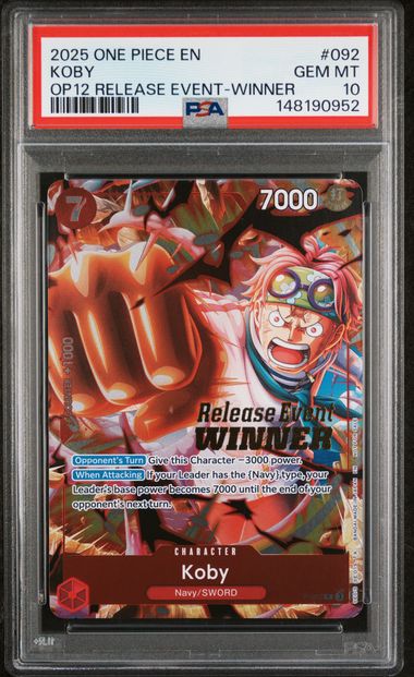 PSA GEM MT 10 - 2025 ONE PIECE PROMOS #092 KOBY OP12 RELEASE EVENT-WINNER - PokéBox Australia