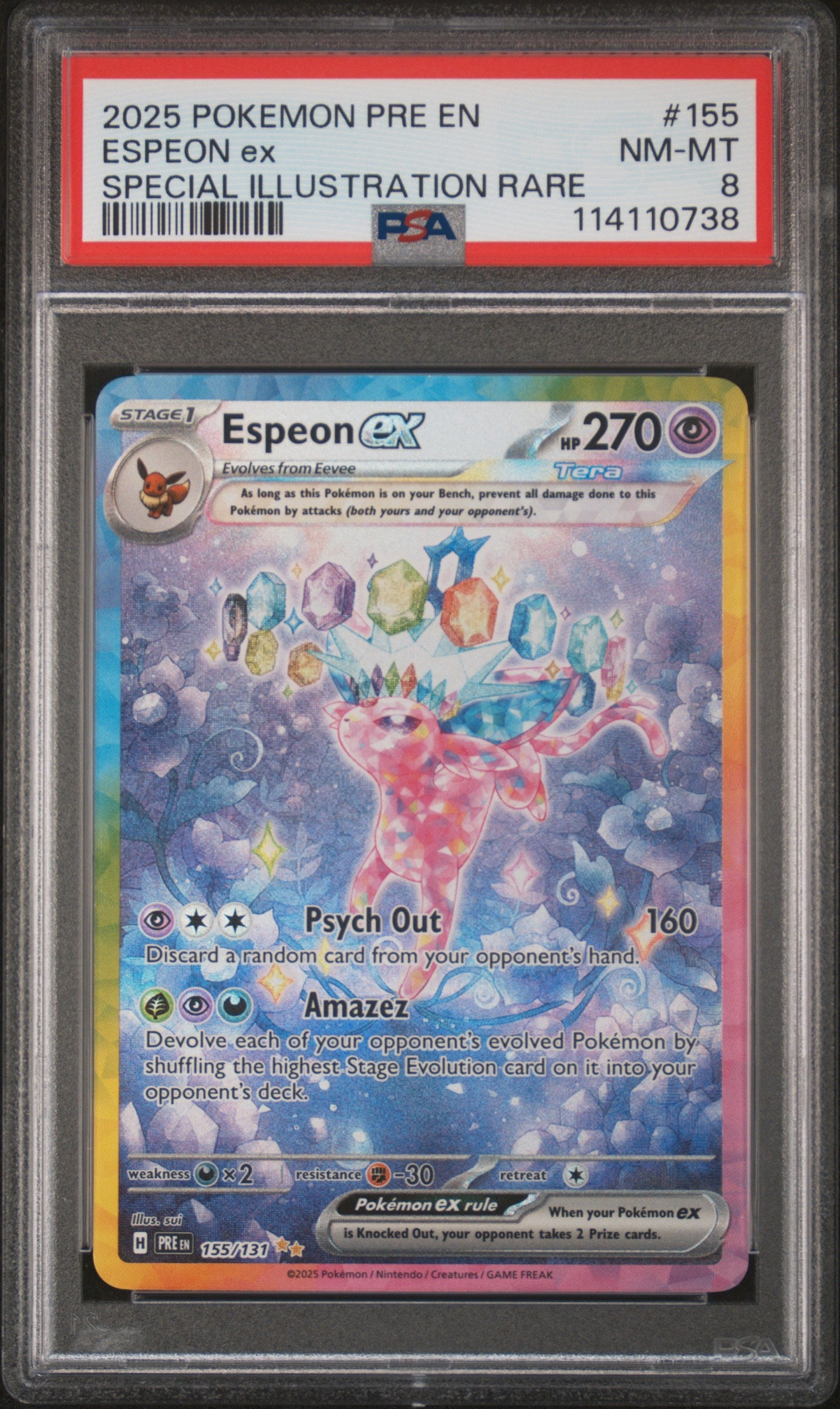PSA NM-MT 8 - 2025 POKEMON PRE EN-PRISMATIC EVOLUTIONS #155 ESPEON ex SPECIAL ILLUSTRATION RARE - PokéBox Australia