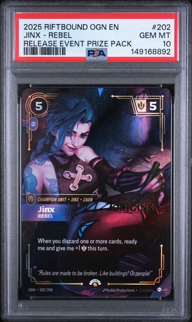 PSA GEM MT 10 - 2025 RIFTBOUND: LEAGUE OF LEGENDS OGN-ORIGINS #202 JINX - REBEL RELEASE EVENT PRIZE PACK