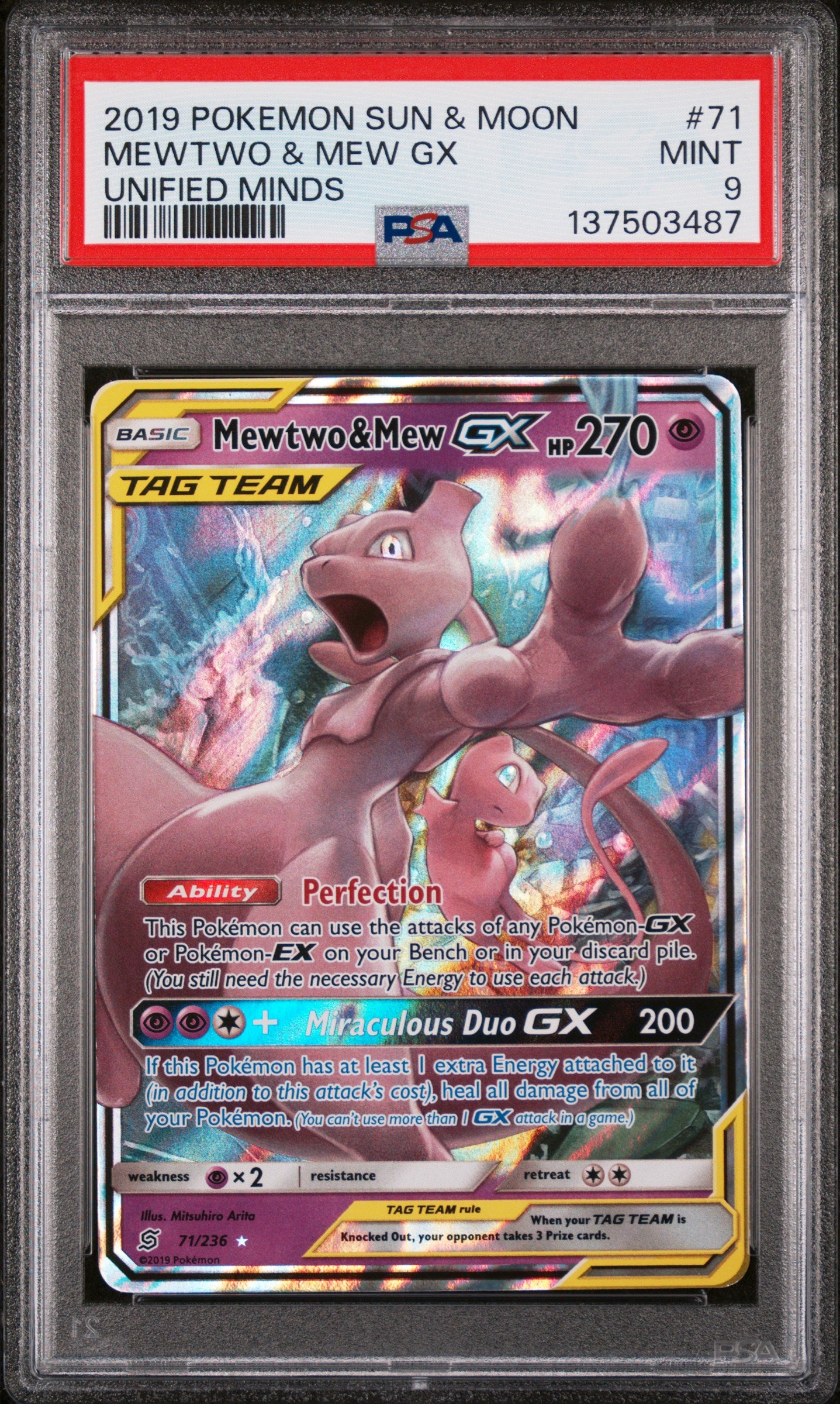 PSA MINT 9 - 2019 POKEMON SUN & MOON UNIFIED MINDS #71 MEWTWO & MEW GX UNIFIED MINDS - PokéBox Australia