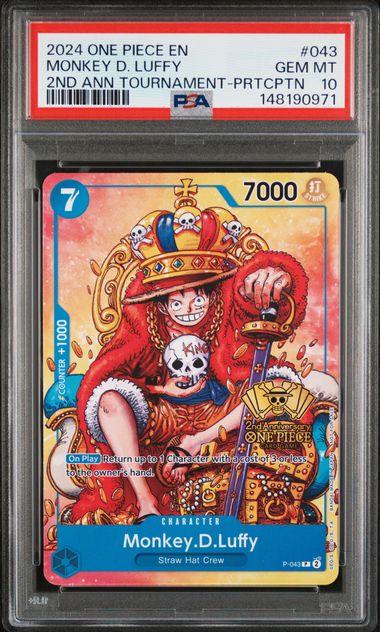 PSA GEM MT 10 - 2024 ONE PIECE PROMOS #043 MONKEY D. LUFFY 2ND ANN TOURNAMENT-PRTCPTN - PokéBox Australia