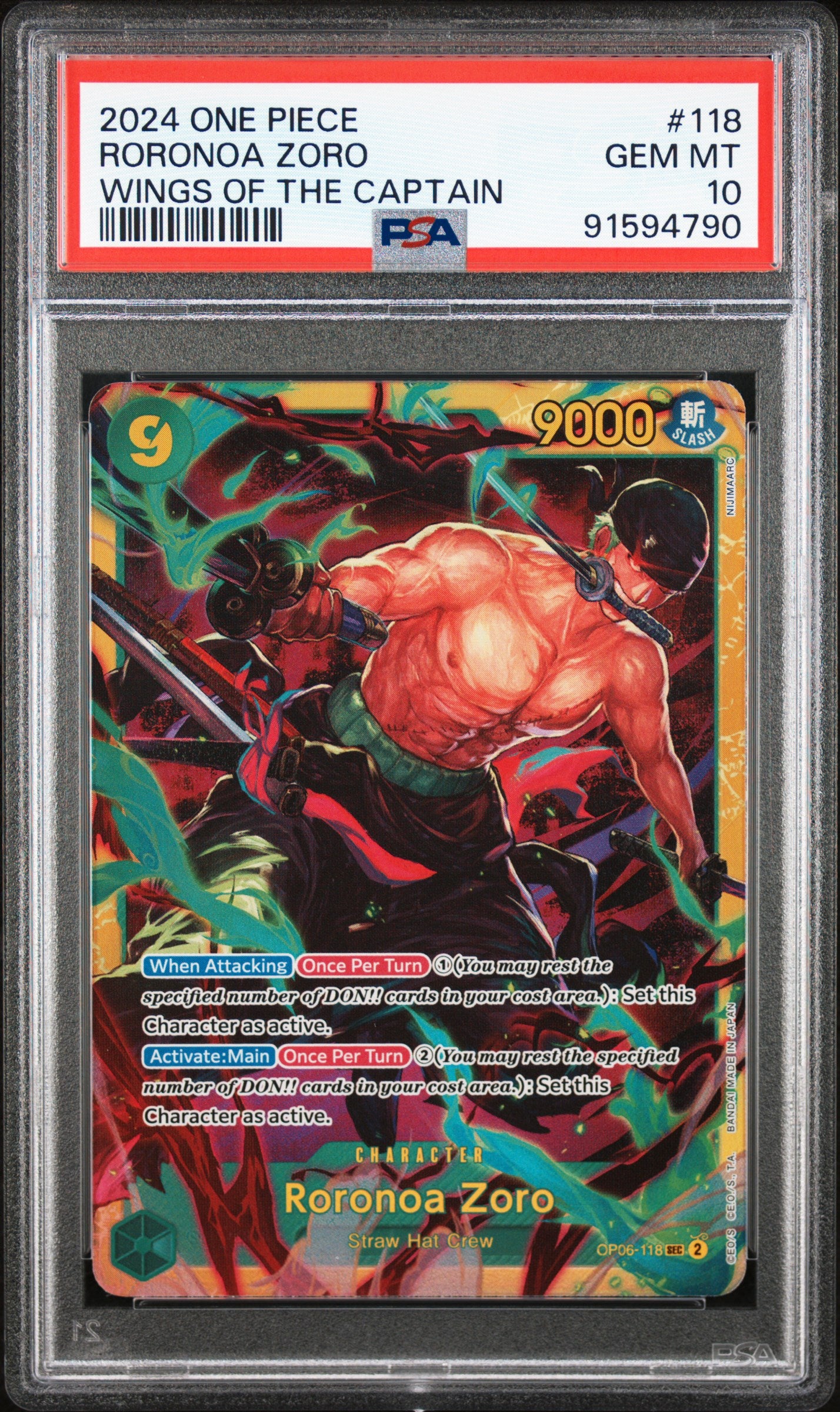 PSA GEM MT 10 - 2024 ONE PIECE OP06-WINGS OF THE CAPTAIN #118 RORONOA ZORO - PokéBox Australia