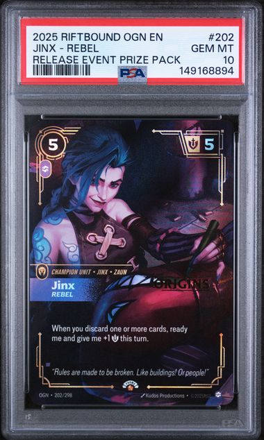 PSA GEM MT 10 - 2025 RIFTBOUND: LEAGUE OF LEGENDS OGN-ORIGINS #202 JINX - REBEL RELEASE EVENT PRIZE PACK