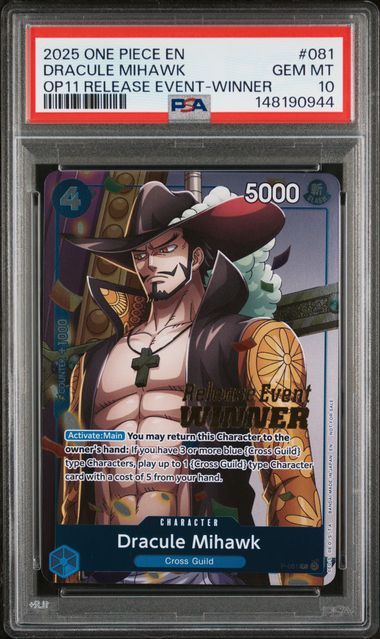 PSA GEM MT 10 - 2025 ONE PIECE PROMOS #081 DRACULE MIHAWK OP11 RELEASE EVENT-WINNER - PokéBox Australia