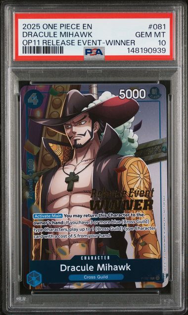 PSA GEM MT 10 - 2025 ONE PIECE PROMOS #081 DRACULE MIHAWK OP11 RELEASE EVENT-WINNER - PokéBox Australia