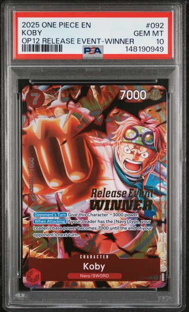 PSA GEM MT 10 - 2025 ONE PIECE PROMOS #092 KOBY OP12 RELEASE EVENT-WINNER - PokéBox Australia