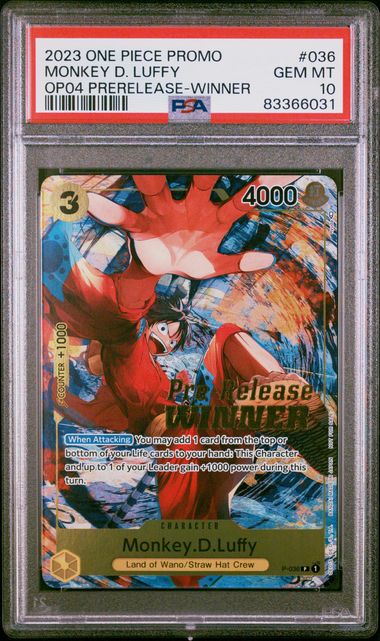 PSA GEM MT 10 - 2023 ONE PIECE PROMOS #036 MONKEY D. LUFFY OP04 PRE-RELEASE-WINNER - PokéBox Australia