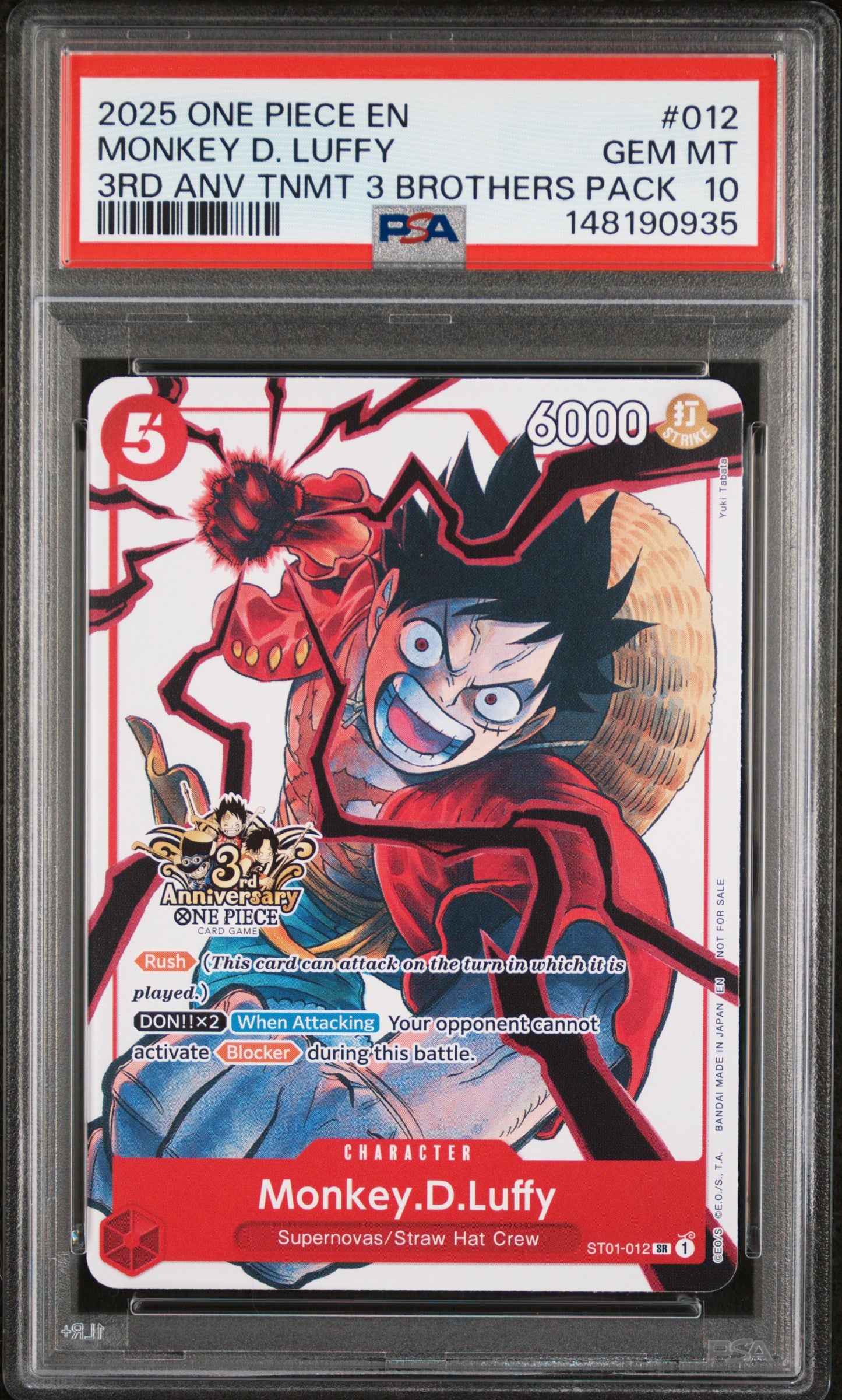 PSA GEM MT 10 - 2025 ONE PIECE 3RD ANNIVERSARY TOURNAMENT 3 BROTHERS PACK #012 MONKEY D. LUFFY - PokéBox Australia