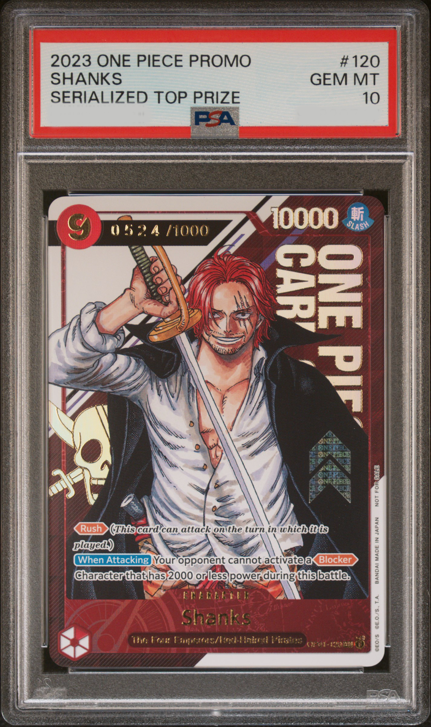 PSA GEM MT 10 - SHANKS SERIALIZED TOP PRIZE 2023 ONE PIECE PROMOS - PokéBox Australia