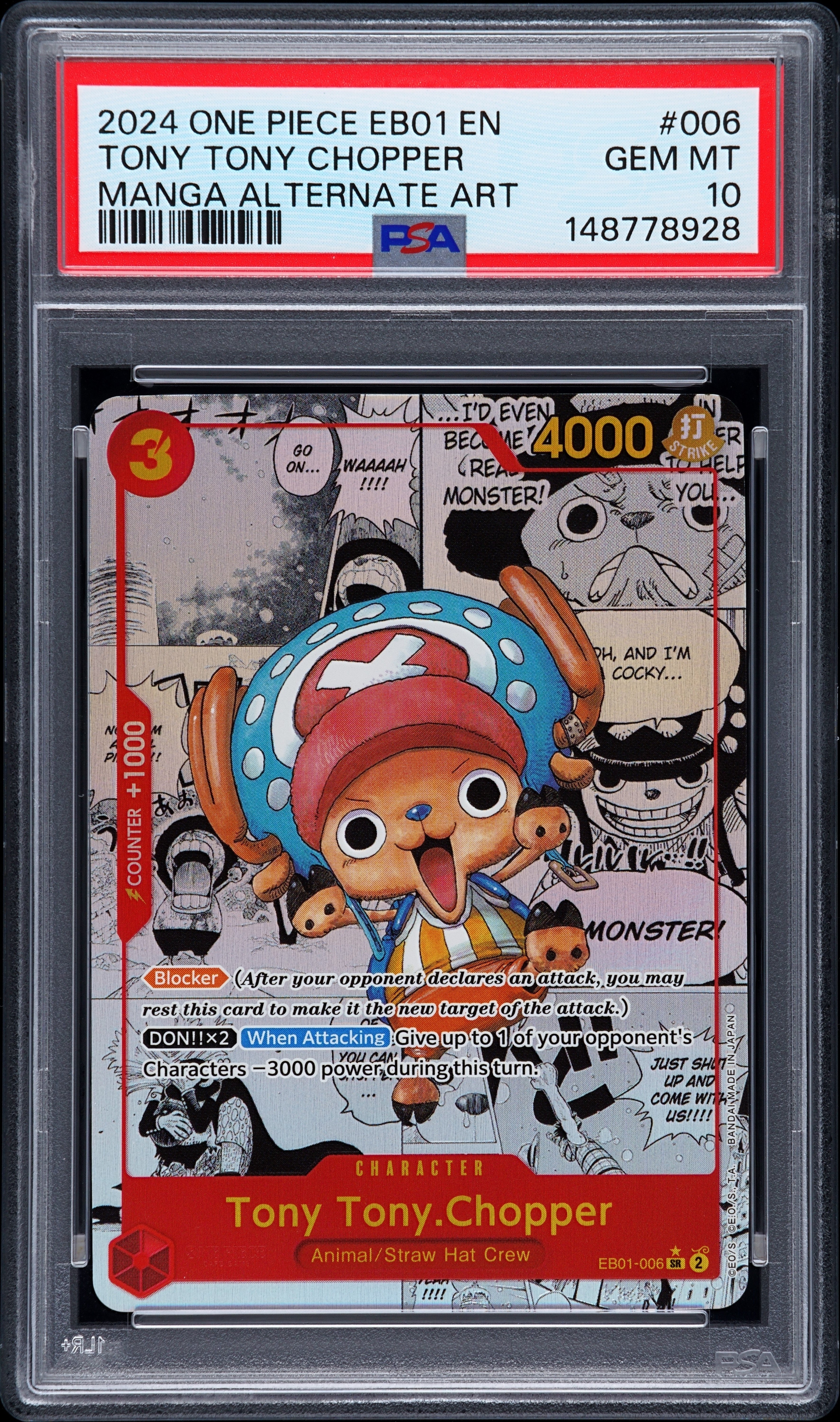 PSA GEM MT 10 - TONY TONY CHOPPER MANGA ALTERNATE ART 2024 ONE PIECE EB01-EXTRA BOOSTER -MEMORIAL COLLECTION- - PokéBox Australia