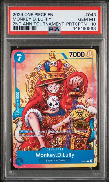 PSA GEM MT 10 - 2024 ONE PIECE PROMOS #043 MONKEY D. LUFFY 2ND ANN TOURNAMENT-PRTCPTN - PokéBox Australia