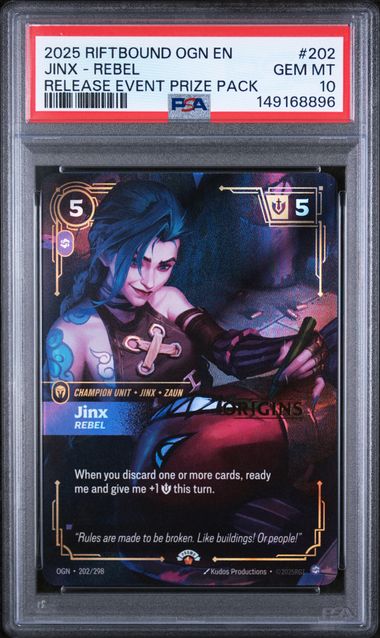 PSA GEM MT 10 - 2025 RIFTBOUND: LEAGUE OF LEGENDS OGN-ORIGINS #202 JINX - REBEL RELEASE EVENT PRIZE PACK