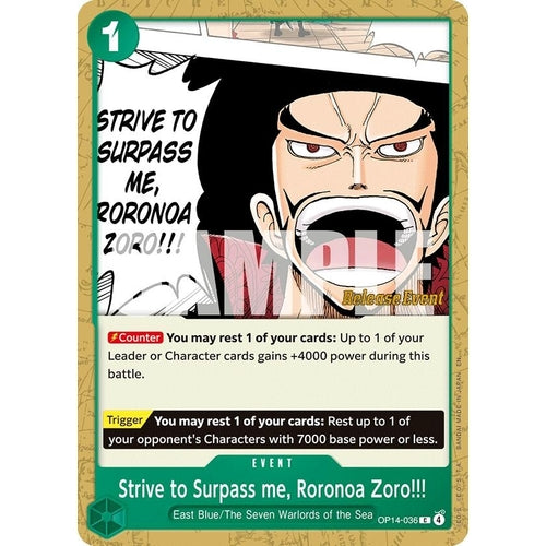 Image for Strive to Surpass me, Roronoa Zoro!!! (OP14-036) (The Azure Sea's Seven Release Event Cards) - One Piece Card Game