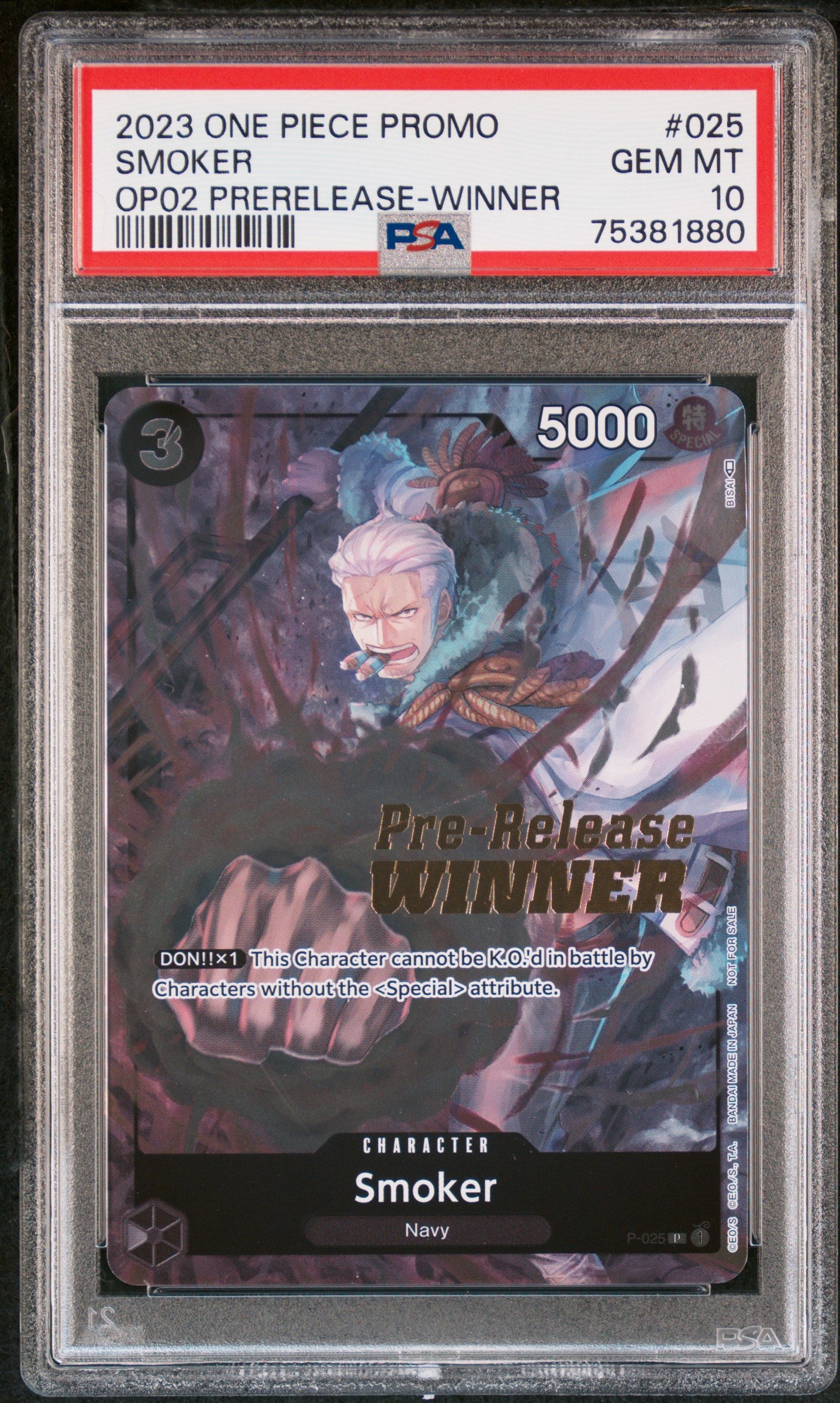 PSA GEM MT 10 - 2023 ONE PIECE PROMOS #025 SMOKER OP02 PRE-RELEASE-WINNER - PokéBox Australia