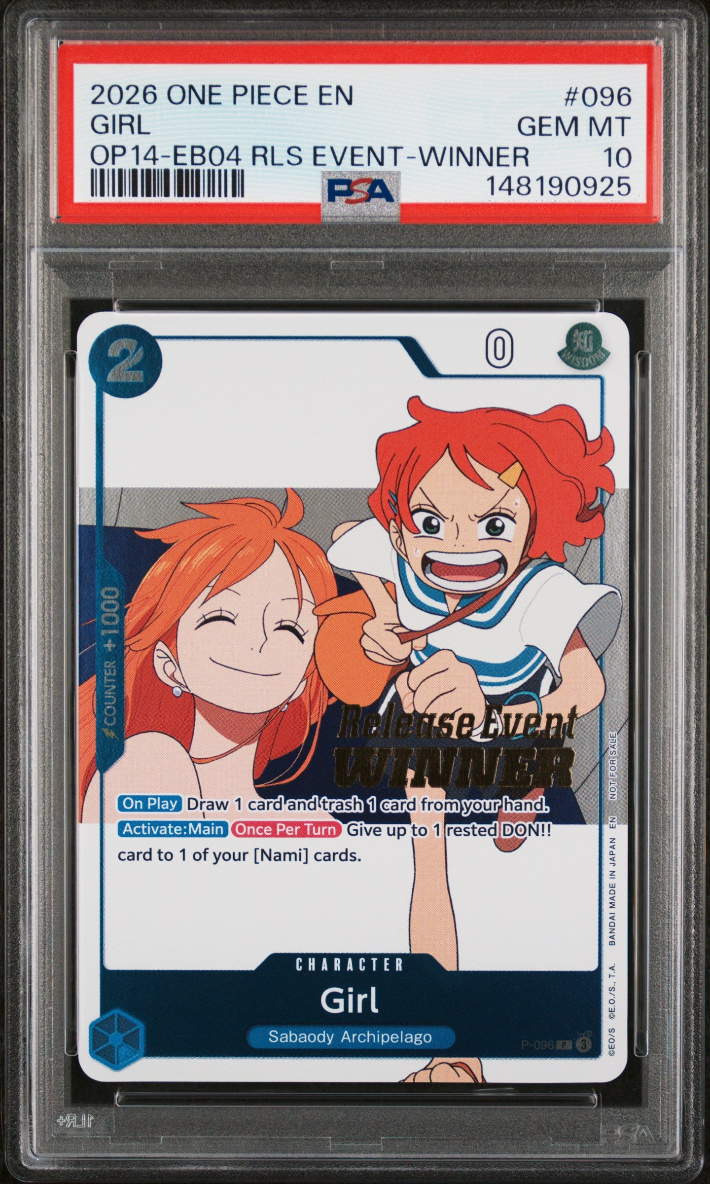PSA GEM MT 10 - 2026 ONE PIECE PROMOS #096 GIRL OP14-EB04 RLS EVENT-WINNER - PokéBox Australia