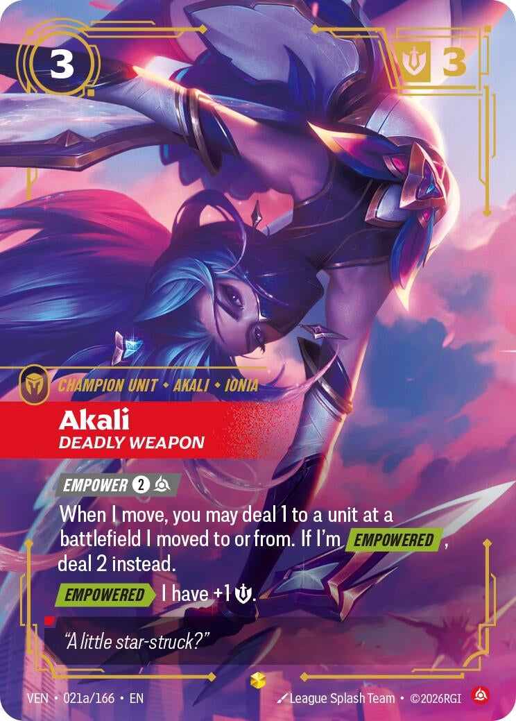 Akali, Deadly Weapon (Alternate Art) (021a/166) (Vendetta)