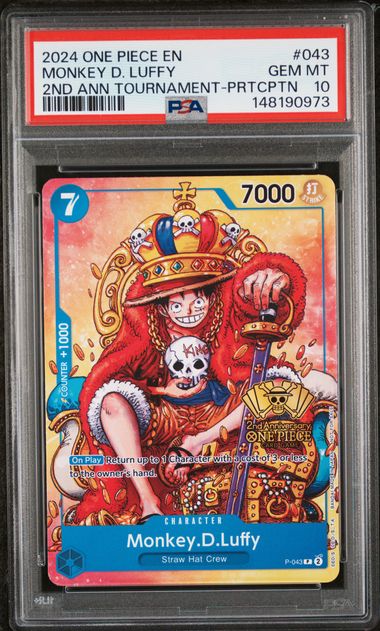 PSA GEM MT 10 - 2024 ONE PIECE PROMOS #043 MONKEY D. LUFFY 2ND ANN TOURNAMENT-PRTCPTN - PokéBox Australia