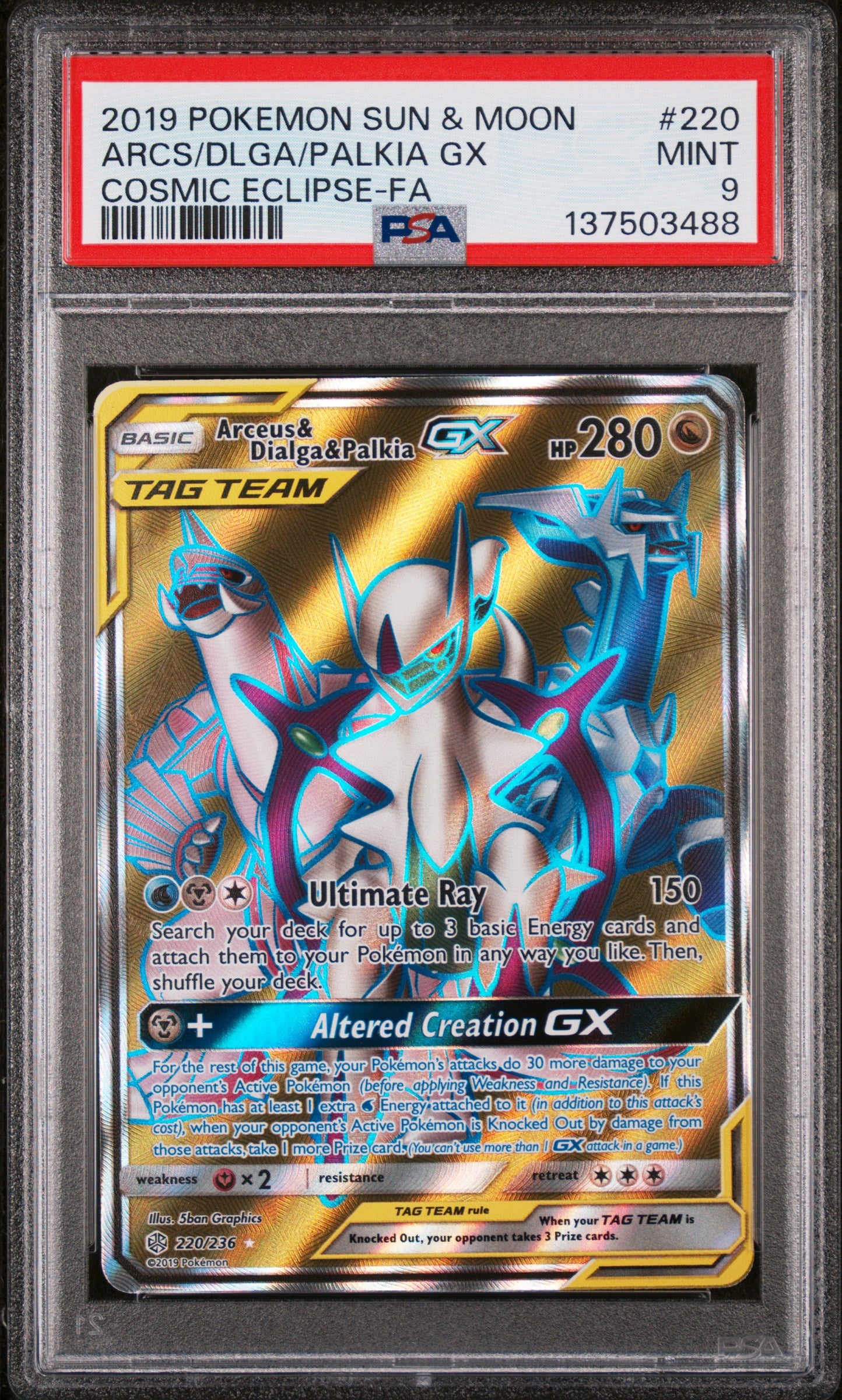 PSA MINT 9 - 2019 POKEMON SUN & MOON COSMIC ECLIPSE #220 ARCS/DLGA/PALKIA GX COSMIC ECLIPSE-FA - PokéBox Australia