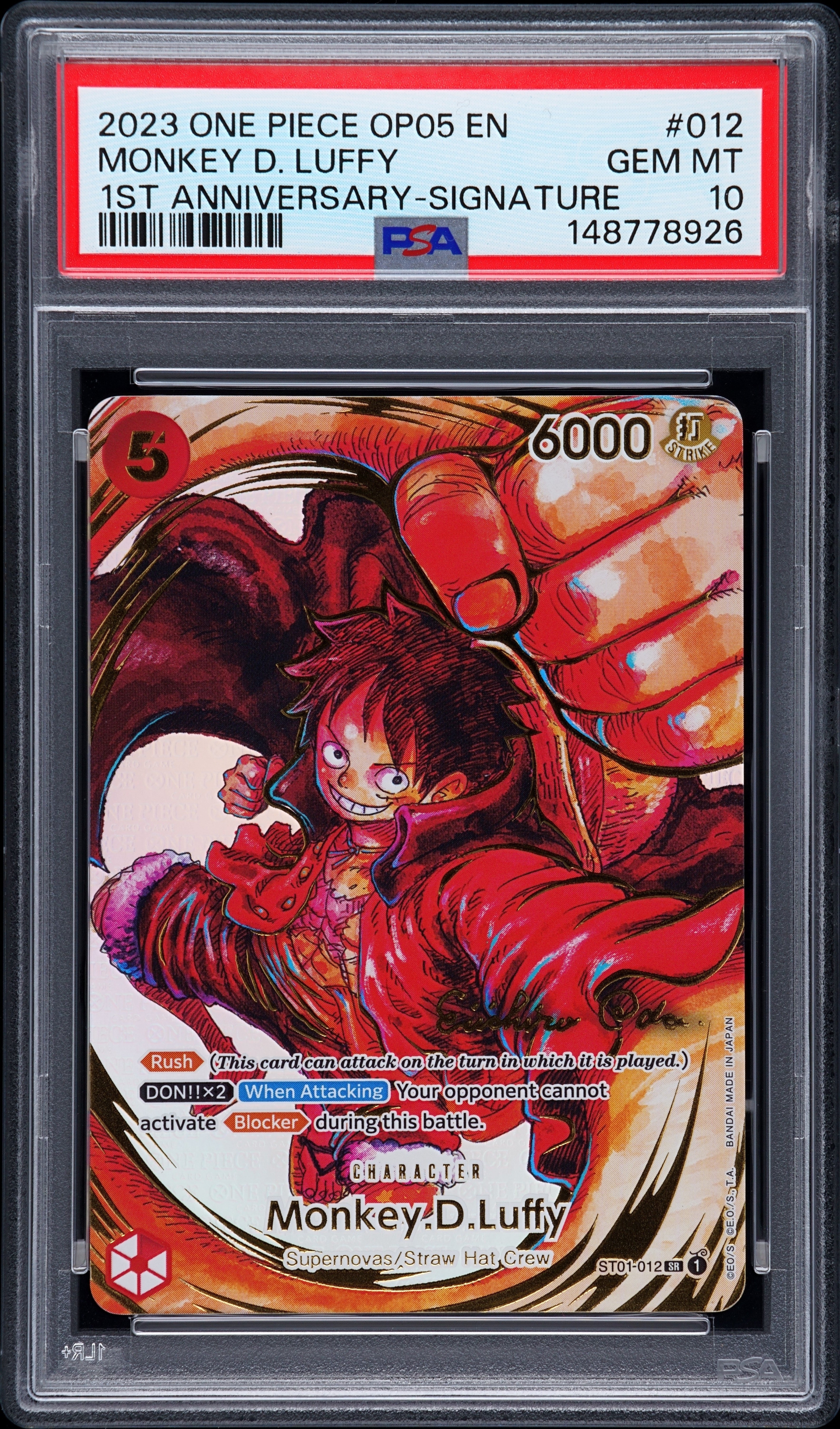 PSA GEM MT 10 - MONKEY D. LUFFY 1ST ANNIVERSARY-SIGNATURE 2023 ONE PIECE OP05-AWAKENING OF THE NEW ERA - PokéBox Australia