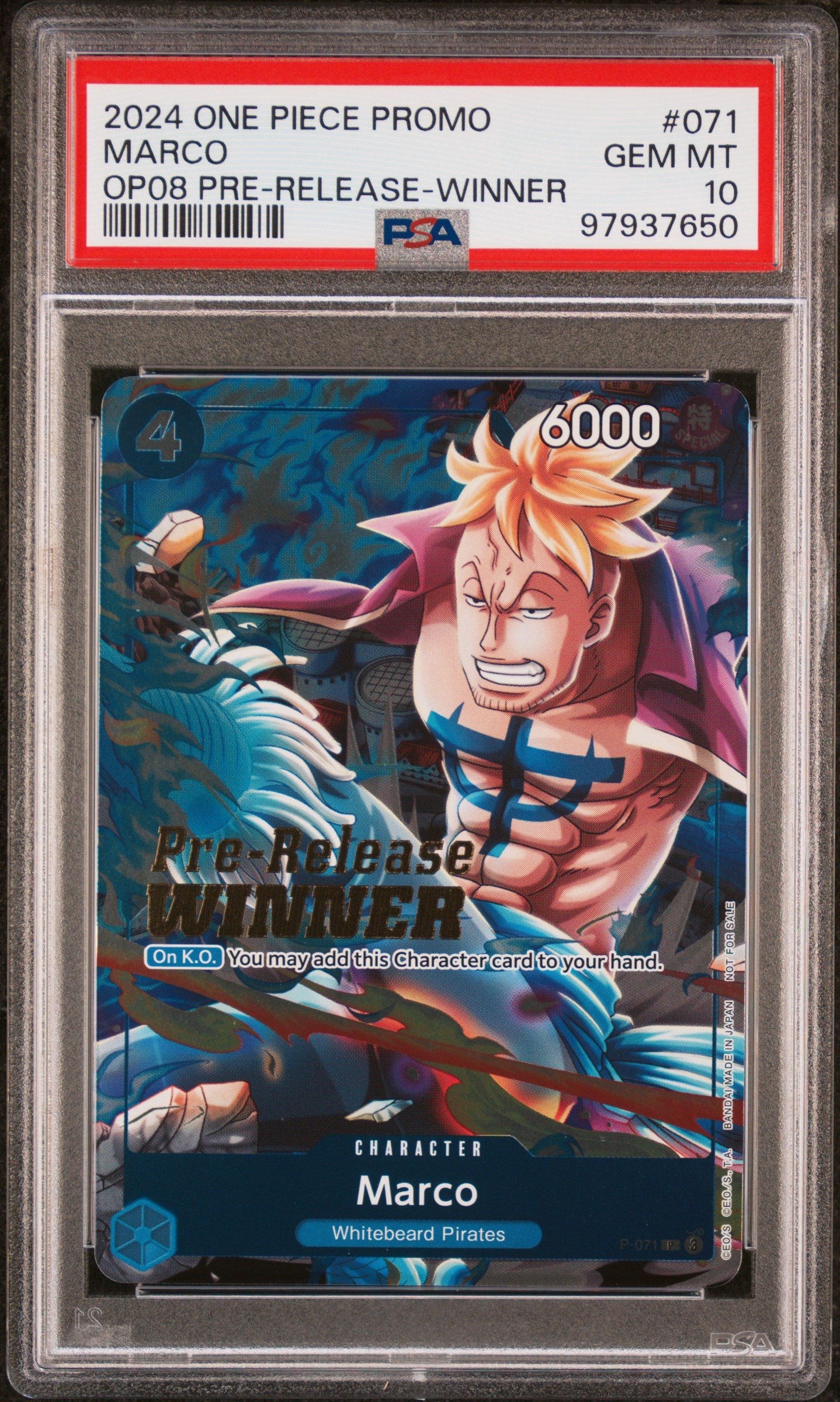 PSA GEM MT 10 - 2024 ONE PIECE PROMOS #071 MARCO OP08 PRE-RELEASE-WINNER - PokéBox Australia