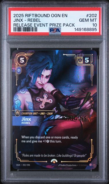 PSA GEM MT 10 - 2025 RIFTBOUND: LEAGUE OF LEGENDS OGN-ORIGINS #202 JINX - REBEL RELEASE EVENT PRIZE PACK