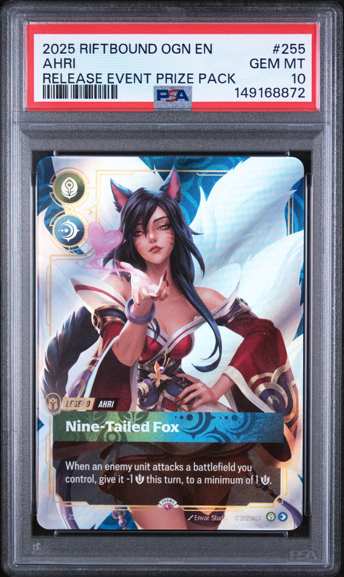 PSA GEM MT 10 - 2025 RIFTBOUND: LEAGUE OF LEGENDS OGN-ORIGINS #255 AHRI RELEASE EVENT PRIZE PACK