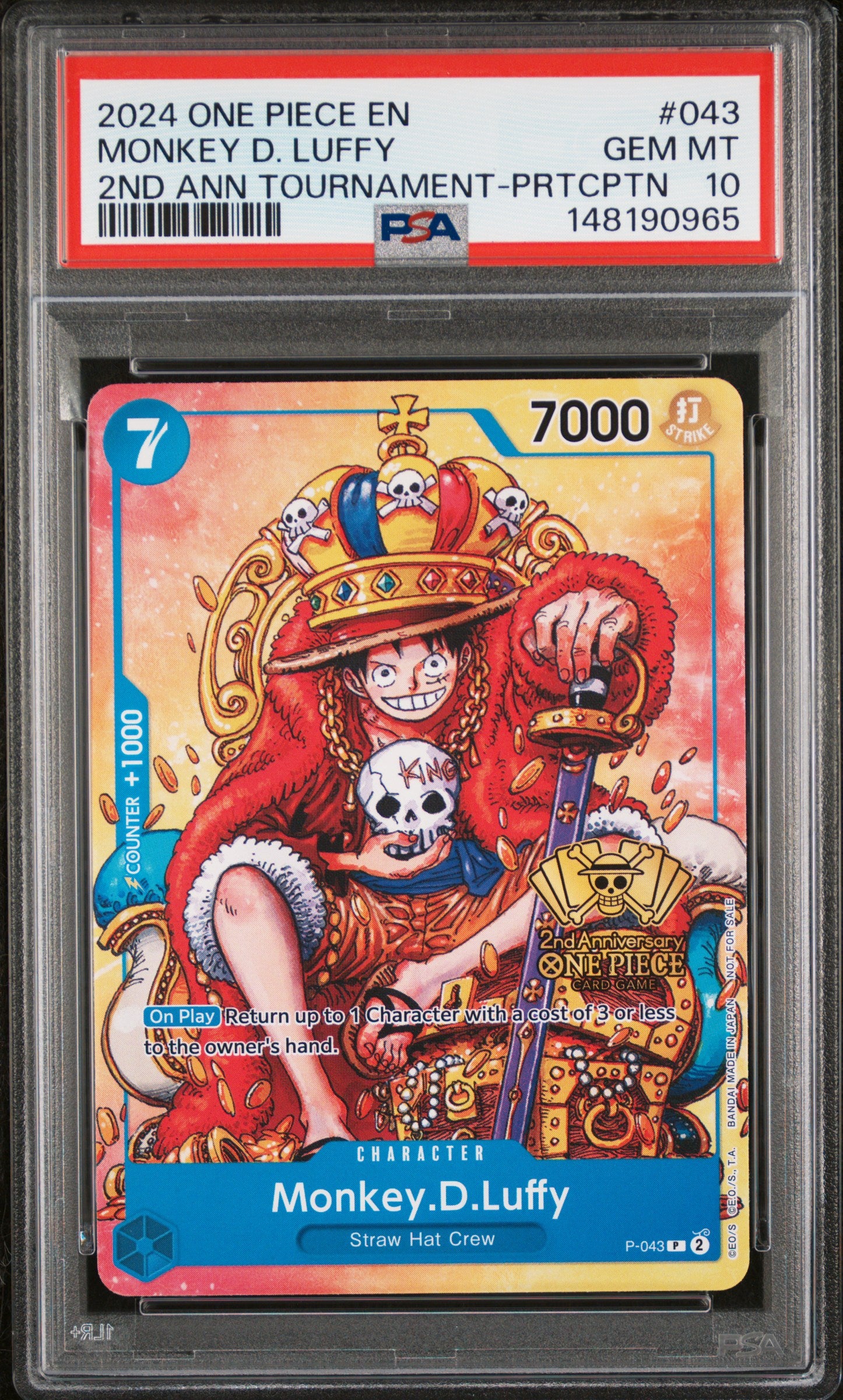 PSA GEM MT 10 - 2024 ONE PIECE PROMOS #043 MONKEY D. LUFFY 2ND ANN TOURNAMENT-PRTCPTN - PokéBox Australia