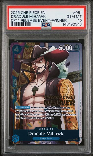 PSA GEM MT 10 - 2025 ONE PIECE PROMOS #081 DRACULE MIHAWK OP11 RELEASE EVENT-WINNER - PokéBox Australia
