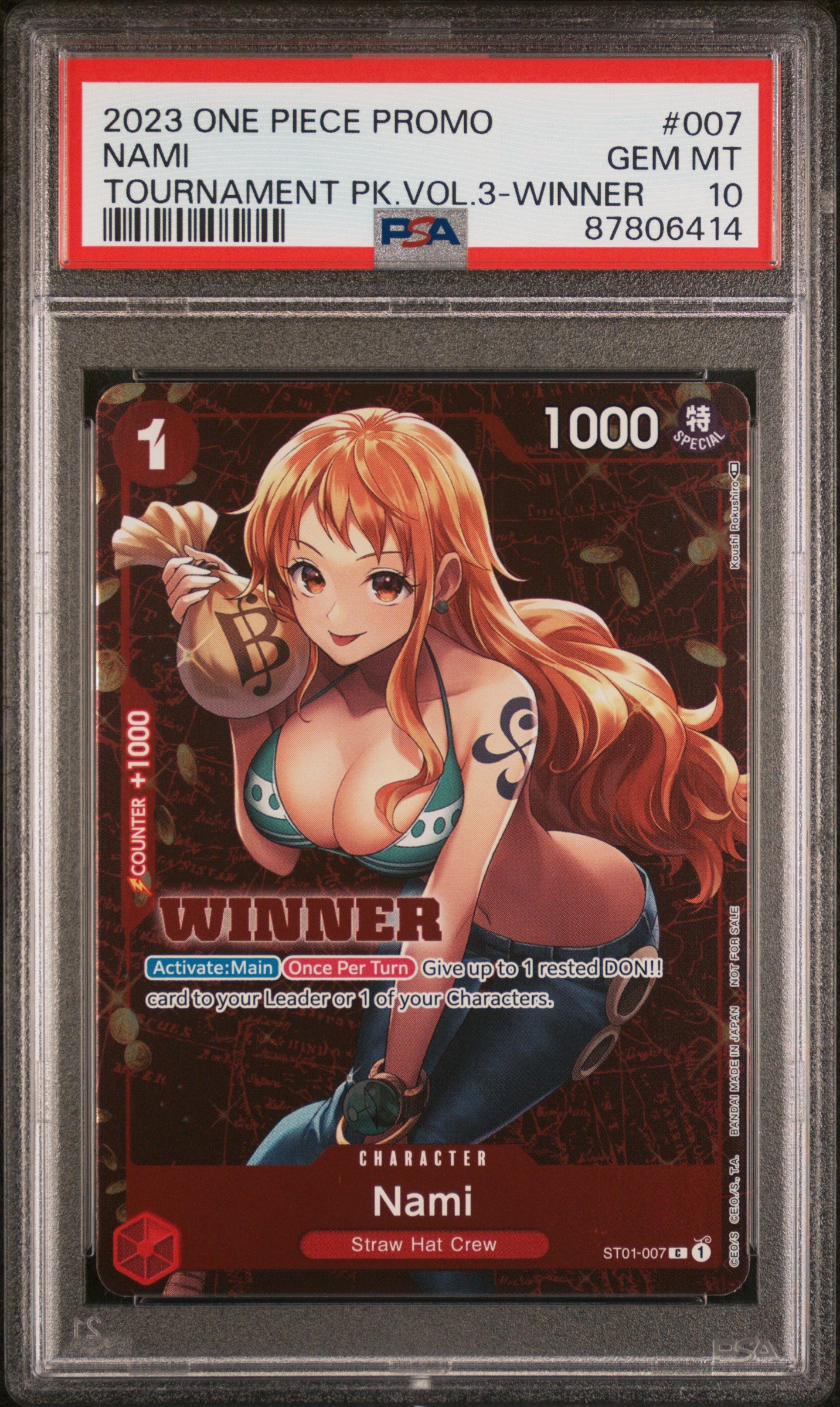 PSA GEM MT 10 - 2023 ONE PIECE PROMOS #007 NAMI TOURNAMENT PK.VOL.3-WINNER - PokéBox Australia