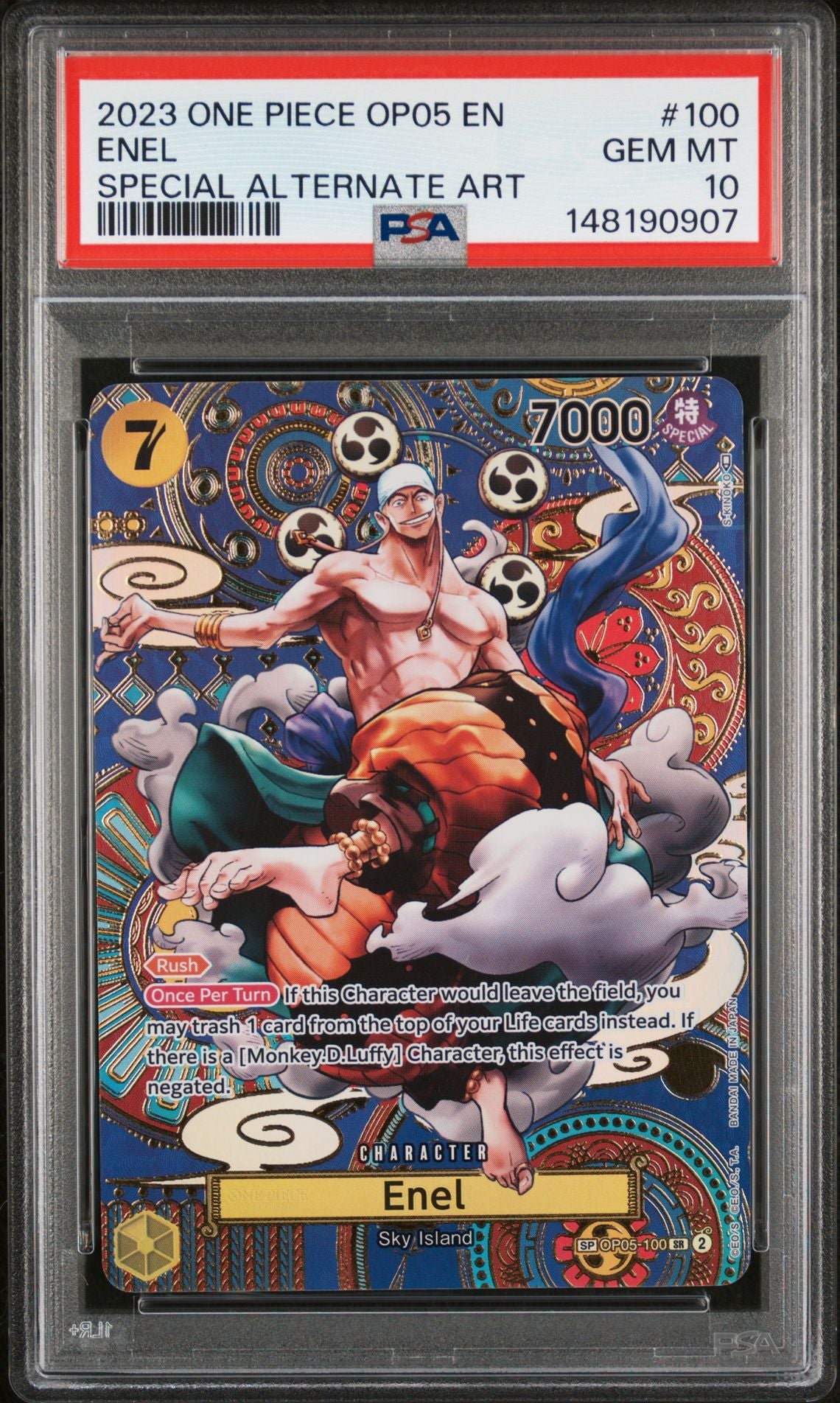 PSA GEM MT 10 - 2023 ONE PIECE OP05-AWAKENING OF THE NEW ERA #100 ENEL SPECIAL ALTERNATE ART
