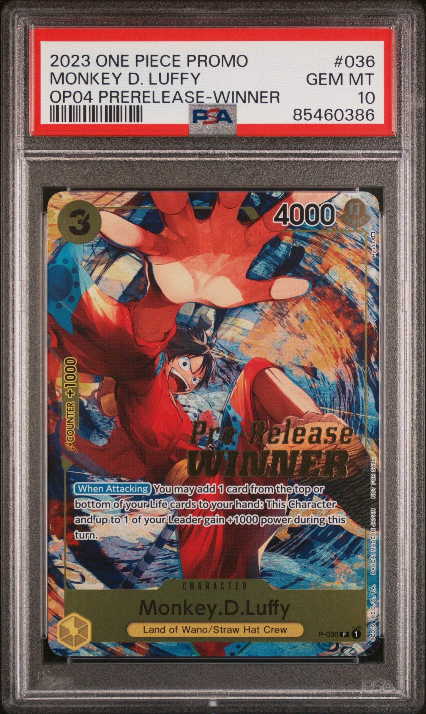 PSA GEM MT 10 - 2023 ONE PIECE PROMOS #036 MONKEY D. LUFFY OP04 PRE-RELEASE-WINNER - PokéBox Australia