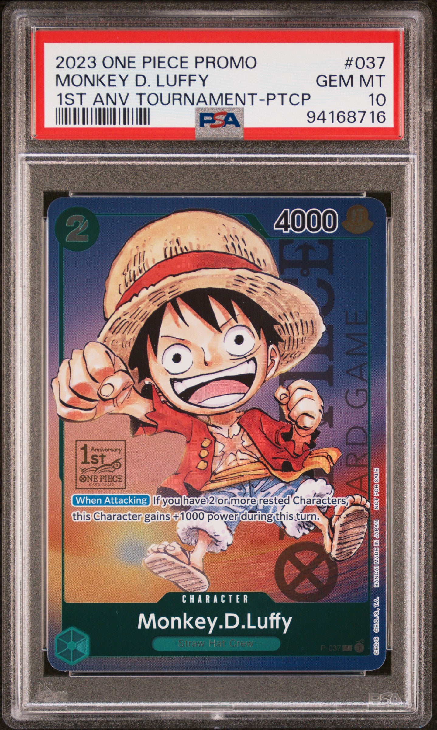 PSA GEM MT 10 - 2023 ONE PIECE PROMOS #037 MONKEY D. LUFFY 1ST ANV TOURNAMENT-PTCP - PokéBox Australia