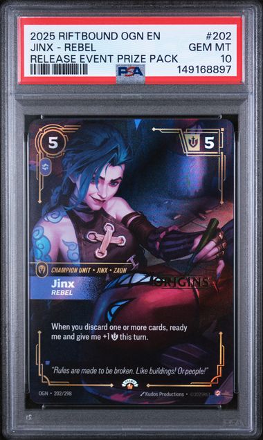 PSA GEM MT 10 - 2025 RIFTBOUND: LEAGUE OF LEGENDS OGN-ORIGINS #202 JINX - REBEL RELEASE EVENT PRIZE PACK