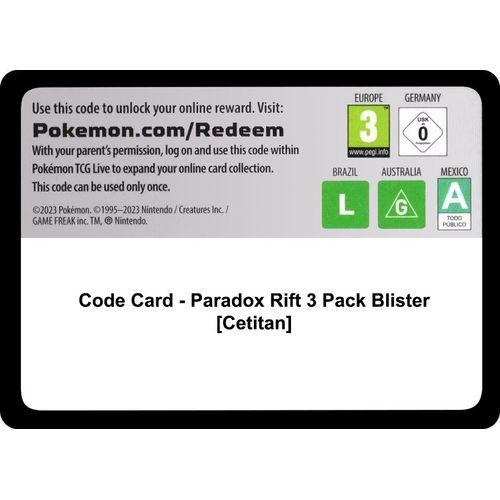 Code Card - Paradox Rift 3 Pack Blister [Cetitan] [SV04: Paradox Rift] - PokéBox Australia