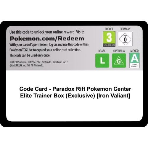 Code Card - Paradox Rift Pokemon Center Elite Trainer Box (Exclusive) [Iron Valiant] [SV04: Paradox Rift] - PokéBox Australia