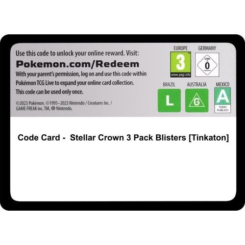 Code Card - Stellar Crown 3 Pack Blisters [Tinkaton] [SV07: Stellar Crown] - PokéBox Australia