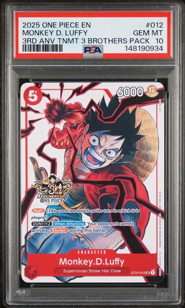 PSA GEM MT 10 - 2025 ONE PIECE 3RD ANNIVERSARY TOURNAMENT 3 BROTHERS PACK #012 MONKEY D. LUFFY - PokéBox Australia